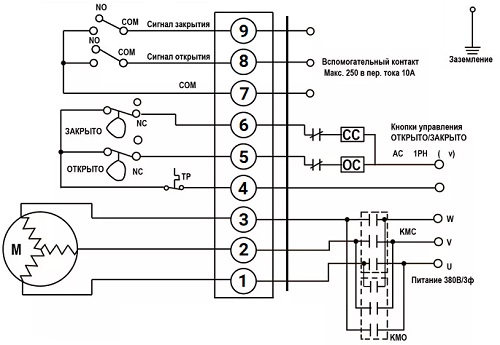 Cхема подключения электропривода DN.ru MT-N-Z-O1-380VAC-У1