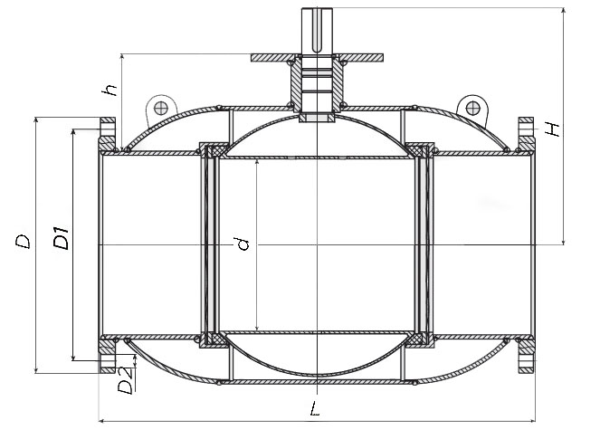 Эскиз размеров крана шарового Also КШ.Ф.Р.200.16-01 Ду200 Ру16 стандартнопроходной, фланцевый