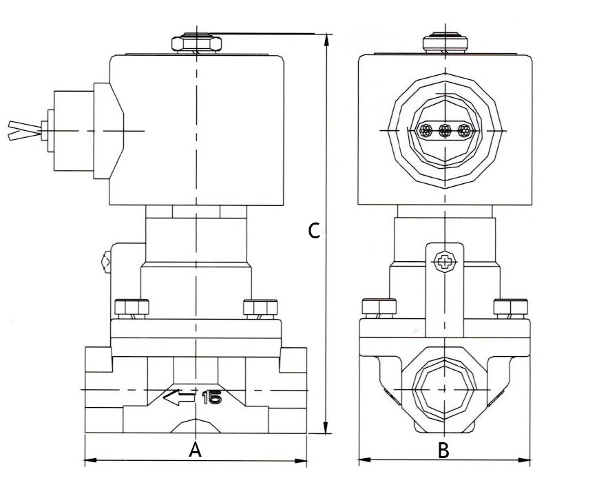Клапан электромагнитный соленоидный двухходовой поршневый DN.ru-V2W-1001P-NC Ду15 (1/2 дюйм), Ру0.4-16 корпус - нержавеющая сталь, уплотнение - PTFE, резьба G, с катушкой 24В