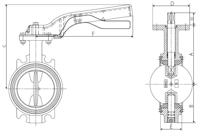 Затворы дисковые поворотные Giacomini R59WY Ду40-300 Ру16 межфланцевые, корпус - чугун GG25, диск – нержавеющая сталь, уплотнение – EPDM, с ручкой