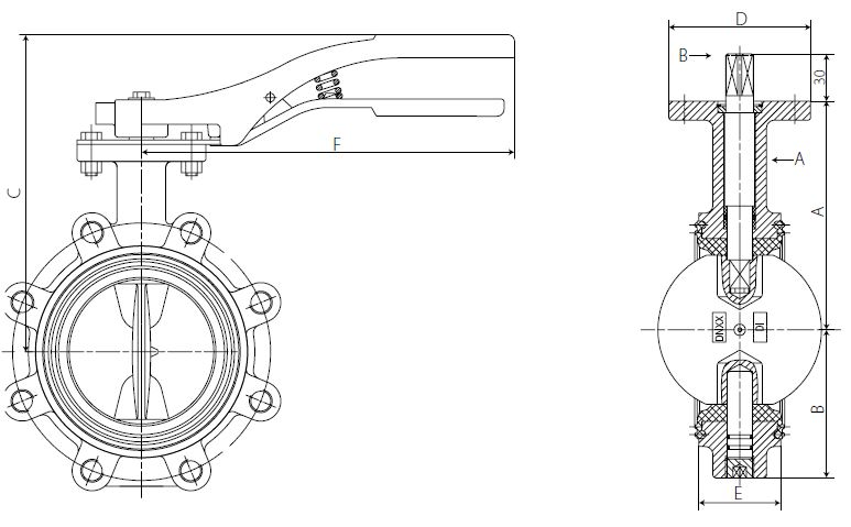 Затворы дисковые поворотные Giacomini R59WX Ду40-300 Ру16 межфланцевые, корпус - чугун GG25, диск – никелированный высокопрочный чугун, уплотнение – EPDM, с ручкой
