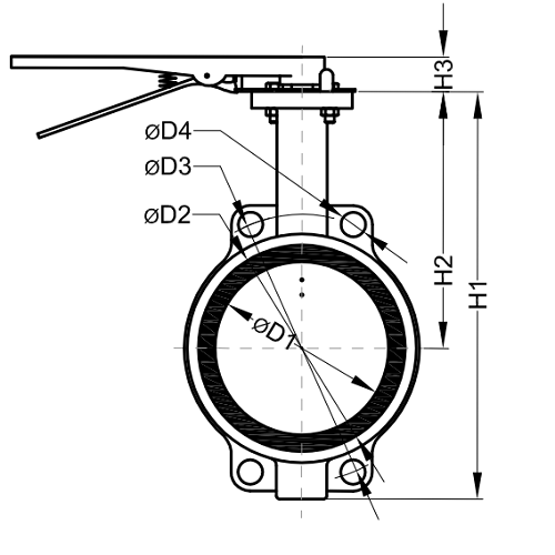 Затвор поворотный дисковый Kvant Ду125 Ру16 межфланцевый, уплотнение PTFE, диск - нержавеющая сталь (316), корпус - углеродистая сталь 