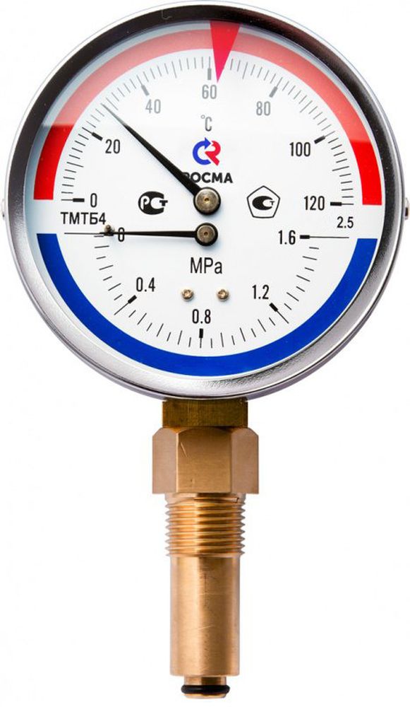 Термоманометр Росма ТМТБ-31Р.2 (0-120С) (0-0,4MПa) G1/2 2,5, корпус 80мм, тип - ТМТБ-31Р.2, длина клапана 64мм, до 120°С, радиальное присоединение, 0-0,4MПa, резьба  G1/2, класс точности 2.5