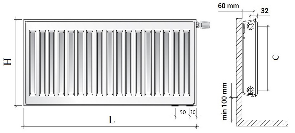 Радиатор панельный Royal Thermo VENTIL HYGIENE VH10 0.208кВт настенный, высота - 300 мм, длина 400 мм, количество панелей - 1, присоединение резьбовое - 1/2″, подключение - нижнее правое, гигиеническое исполнение, стальной, цвет - белый RAL-9016