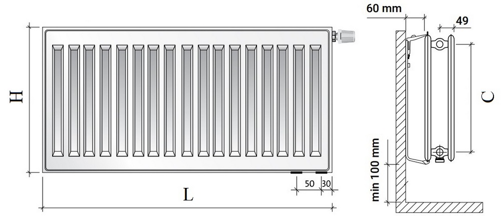 Радиатор панельный Royal Thermo VENTIL HYGIENE VH20 1.523кВт настенный, высота - 600 мм, длина 900 мм, количество панелей - 2, присоединение резьбовое - 1/2″, подключение - нижнее (левое-правое), гигиеническое исполнение, стальной, цвет - белый RAL-9016