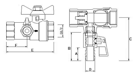 Кран шаровой Valtec VT.248.N.04 1/2″ Ду15 Ру40 муфтовый, полнопроходной, присоединение внутренняя/внутренняя резьба, управление ручка-бабочка, с обратным клапаном и дренажом, латунный никелированный