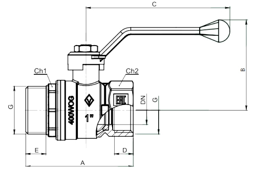 Кран шаровой BUGATTI Arizona 605 1 1/4″ Ду32 Ру20 стандартнопроходной, внутренняя/наружная резьба, управление ручка-рычаг