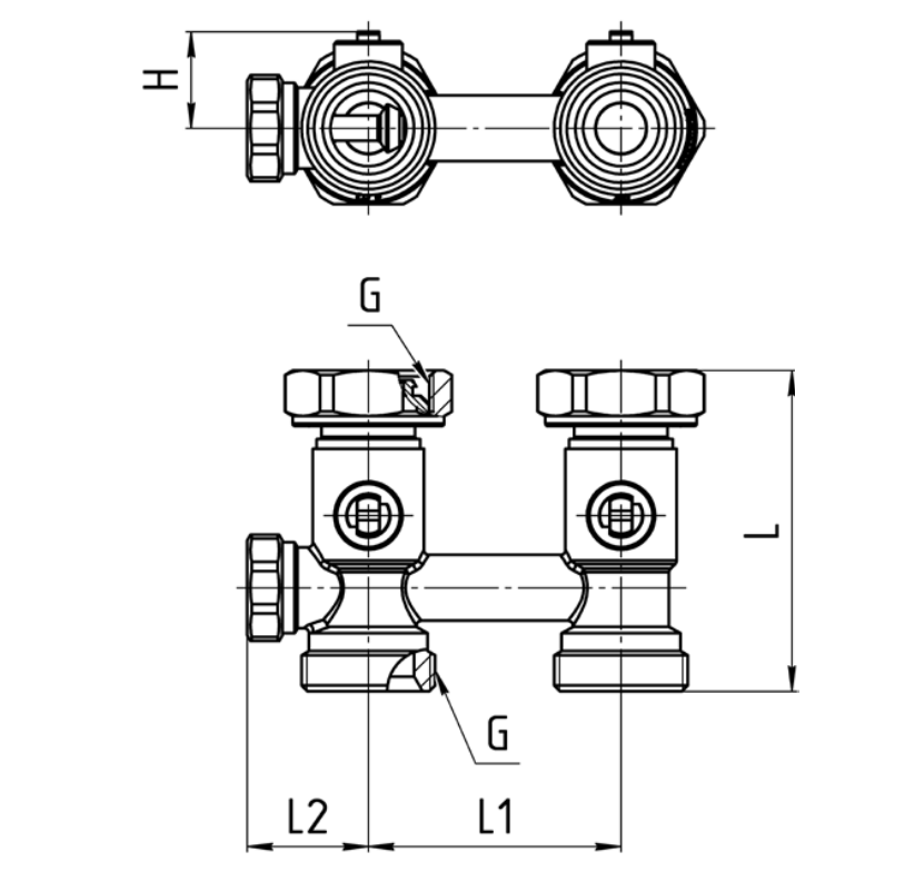 Узлы нижнего подключения Aquasfera Ду15-20 Ру10 наружная резьба/накидная гайка, для однотрубных систем, сдвоенный, латунь