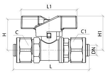 Эскиз Кран шаровой 1018 Aquasfera 3/4″ Ду20х16 Ру16 стандартнопроходной, никелированный, компресс/компресс, ручка-бабочка (1018-02)