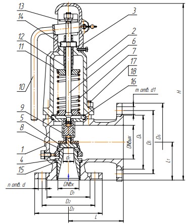 Клапан предохранительный Арма-Пром 17с28нж Ду25x40 Ру16 полноподъемный пружинный угловой, корпус - сталь, тип присоединения - фланцевое, с настройкой диапазона давления 4-8 Мпа