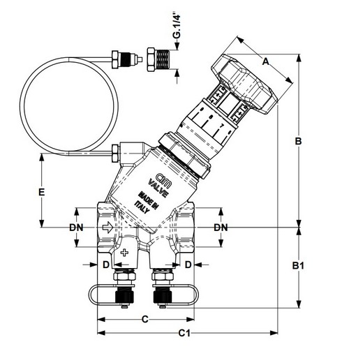 Клапан балансировочный Cimberio 718HP 3/4″ Ду20 Ру25 автоматический, перепад давления 20-60 кПа, внутренняя резьба, c импульсной трубкой, корпус - латунь CR