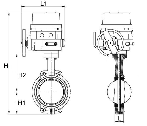Затвор дисковый поворотный Dendor 017W Ду125 Ру16 межфланцевый, корпус - чугун, диск - нержавеющая сталь, уплотнение - EPDM,с электроприводом неполнооборотным QT 220В