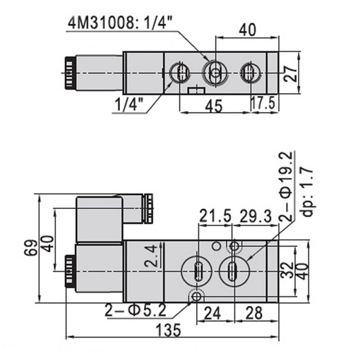 Краны шаровые нержавеющие 3-ходовые T-тип стандартнопроходные DN.ru RP.SS316.200.MM.010(-100)-ISO Ду10-100 Ру63, муфтовые с ISO с пневмоприводами DN.ru-SA, пневмораспределителем 4M310-08 24В, блоком концевых выключателей APL-210N и ручным дублером HDM