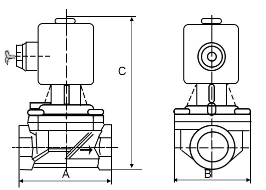 Клапан электромагнитный соленоидный двухходовой DN.ru-VS2W-700 P-Z-NC Ду32 (1 1/4 дюйм) Ру10 с нулевым перепадом давления, нормально закрытый, корпус - латунь, уплотнение - PTFE, резьба G, с катушкой YS-018 220В