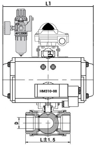 Кран шаровой нержавеющий 3-ходовой L-тип стандартнопроходной DN.ru RP.SS316.200.MM.032-ISO Ду32 Ру63 SS316 муфтовый с ISO фланцем, пневмоприводом DA-052, пневмораспределителем 4M310-08 24 В, БКВ APL-210N и БПВ AFC2000