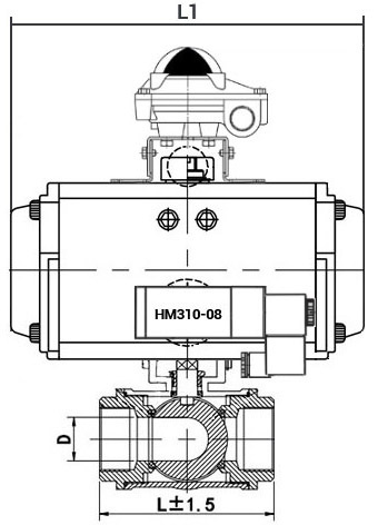 Кран шаровой нержавеющий 3-ходовой T-тип стандартнопроходной DN.ru RP.SS316.200.MM.015-ISO Ду15 Ру63 SS316 муфтовый, пневмоприводом SA-052, пневмораспределителем 4M310-08 220В и блоком концевых выключателей APL-210N