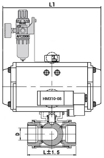 Кран шаровой нержавеющий 3-ходовой T-тип стандартнопроходной DN.ru RP.SS316.200.MM.065-ISO Ду65 Ру63 SS316 муфтовый с ISO c пневмоприводом DN.ru SA-105 c пневмораспределителем DN.ru 4M310-08 24 В и БПВ AFC2000