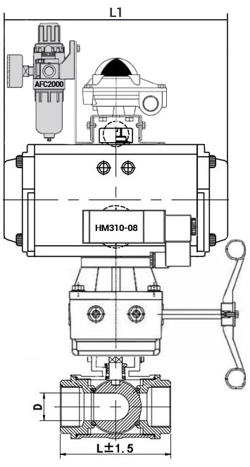 Кран шаровой нержавеющий 3-ходовой T-тип стандартнопроходной DN.ru RP.SS316.200.MM.100-ISO Ду100 Ру63 SS316 муфтовый с ISO фланцем, пневмоприводом DA-083, пневмораспределителем 4M310-08 220 В, БКВ APL-210N, ручным дублером HDM-2 и БПВ AFC2000