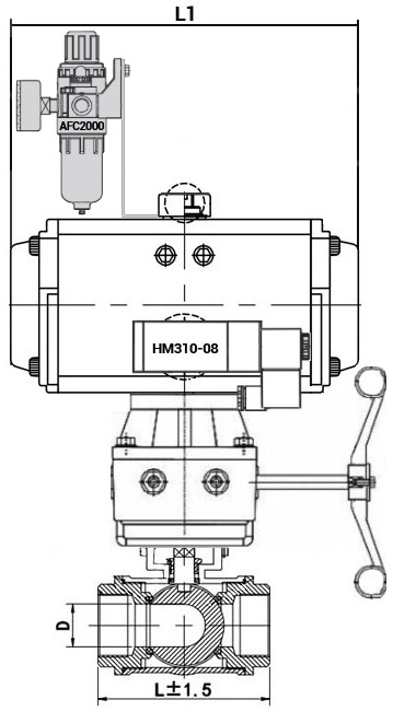 Кран шаровой нержавеющий 3-ходовой T-тип стандартнопроходной DN.ru RP.SS316.200.MM.015-ISO Ду15 Ру63 SS316 муфтовый с ISO фланцем, пневмоприводом DA-052, пневмораспределителем 4M310-08 24 В, ручным дублером HDM-1 и БПВ AFC2000