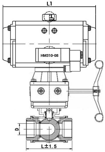 Кран шаровой нержавеющий 3-ходовой L-тип стандартнопроходной DN.ru RP.SS316.200.MM.015-ISO Ду15 Ру63 SS316 муфтовый, пневмоприводом DA-065, пневмораспределителем 4M310-08 220В и ручным дублером HDM-1