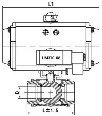 Кран шаровой нержавеющий 3-ходовой T-тип стандартнопроходной DN.ru RP.SS316.200.MM.065-ISO Ду65 Ру63 SS316 муфтовый c пневмоприводом DN.ru SA-105 c пневмораспределителем DN.ru 4M310-08 220В