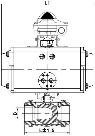 Кран шаровой нержавеющий 3-ходовой L-тип стандартнопроходной DN.ru RP.SS316.200.MM.015-ISO Ду15 Ру63 SS316 муфтовый, пневмоприводом DA-052 и блоком концевых выключателей APL-410N EX