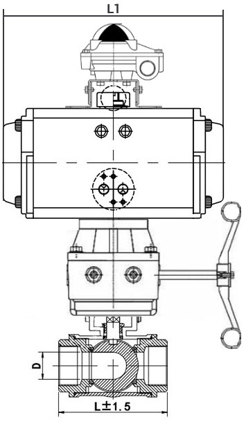 Кран шаровой нержавеющий 3-ходовой T-тип стандартнопроходной DN.ru RP.SS316.200.MM.065-ISO Ду65 Ру63 SS316 муфтовый, пневмоприводом SA-105, БКВ APL-210N и ручным дублером HDM-3