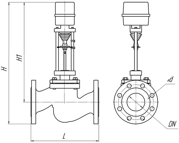 Клапан регулирующий двухходовой DN.ru 25ч945п Ду32 Ру16 Kvs10, серый чугун СЧ20, фланцевый, Tmax до 150°С с электроприводом DAV 1500 - 220B