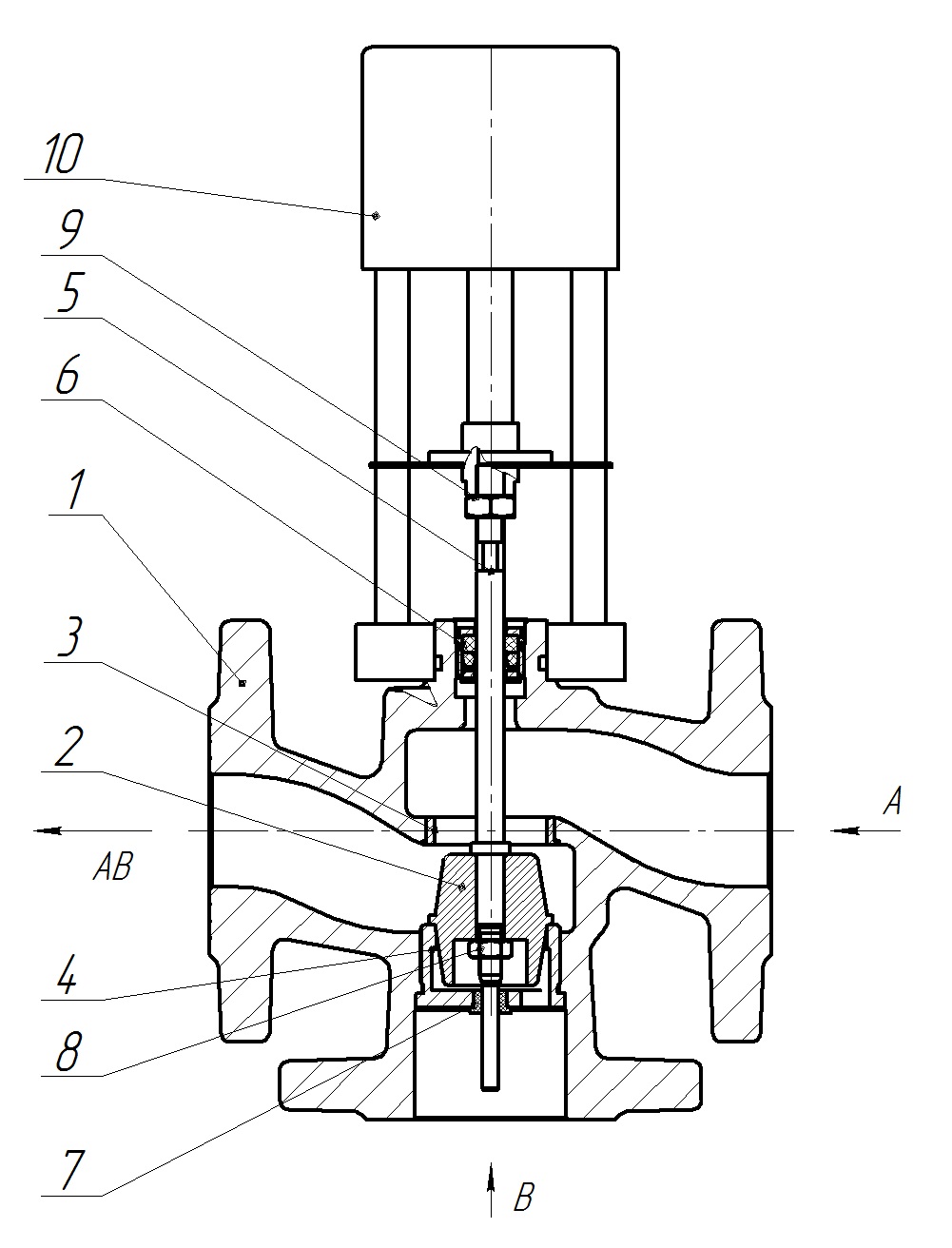 Клапан регулирующий трехходовой смесительный КССР серии 100 Ду15 Ру16 Kvs1,6 серый чугун СЧ20, фланцевый, Tmax до 150°С с электроприводом Катрабел TW-500-XD220