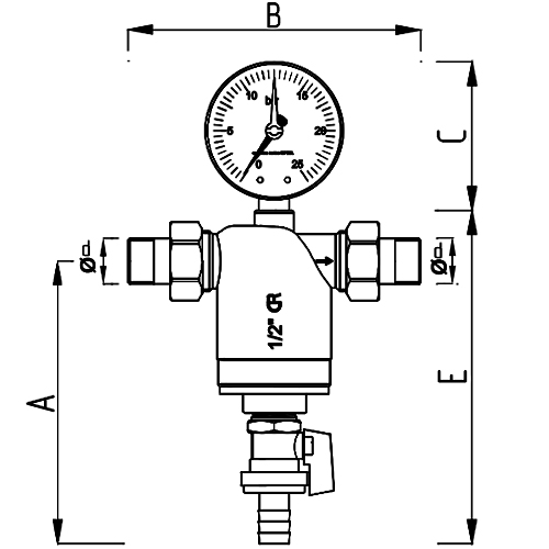 Фильтр сетчатый FAR FA 3943 1/2” Ду15 Ру25 НР-НР, латунный, размер фильтрующей сетки 100 мкм, под манометр, хромированный