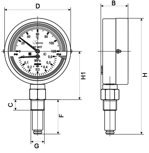 Термоманометр ФИЗТЕХ МПТ 1,6 МПа 150C° IP40, 100 мм, резьба G1/2, класс точности - 2.5, радиальный штуцер, длина погружной части 46 мм