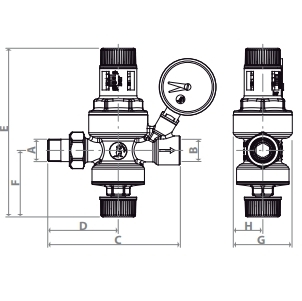 Эскиз Клапан подпиточный Giacomini R150M 1/2″ Ду15 Ру10 внутренняя резьба/американка, латунный, поршневой, с манометром, Рн = 0,5 - 3 бар (R150MY003)