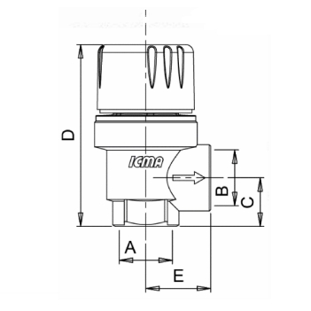 Эскиз Клапан предохранительный мембранный Icma 241 1″ Ду25 Ру10 латунный, угловой, внутренняя резьба, давление срабатывания 6 бар (91241AFAN)