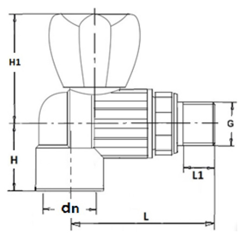 Кран шаровой для радиатора Политэк 991002 20х1/2″ Дн20x15 Ру25 угловой стандартнопроходной, PP-R, под приварку/наружная резьба, управление кран-букса
