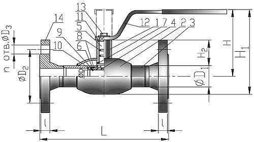 Кран шаровый КВО-АРМ серия 12 Ду700 Ру16 фланцевый цельносварной, полный проход, управление ручка-рычаг, корпус – углеродистая сталь