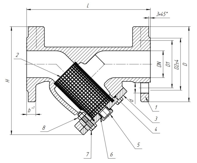 Схема подключения Фильтр сетчатый фланцевый LD ФСФ У-образный чугунный Ду80 Ру16