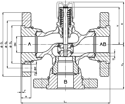 Клапан регулирующий трехходовой LDM RV111R 331-F Ду15 Ру16, фланцевый, корпус – серый чугун EN-JL 1030, Tmax до 150°С, Kvs=0.25 м3/ч