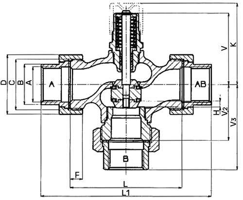 Клапаны регулирующие трехходовые LDM RV111R 331-T Ду15-40 Ру16, резьбовые, корпус – серый чугун EN-JL 1030, Tmax=150°С, Kvs=0.16-25.0 м3/ч
