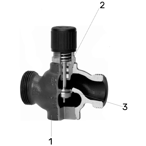 Клапаны регулирующие трехходовые LDM RV111R 331-T Ду15-40 Ру16, резьбовые, корпус – серый чугун EN-JL 1030, Tmax=150°С, Kvs=0.16-25.0 м3/ч
