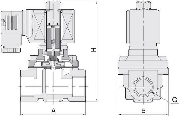 Эскиз Клапан электромагнитный Smart SM-5563 G 1 1/2″ Ду40 Ру10 резьбовой, прямого действия, нормально закрытый, стальной, уплотнение FKM, AC 24V