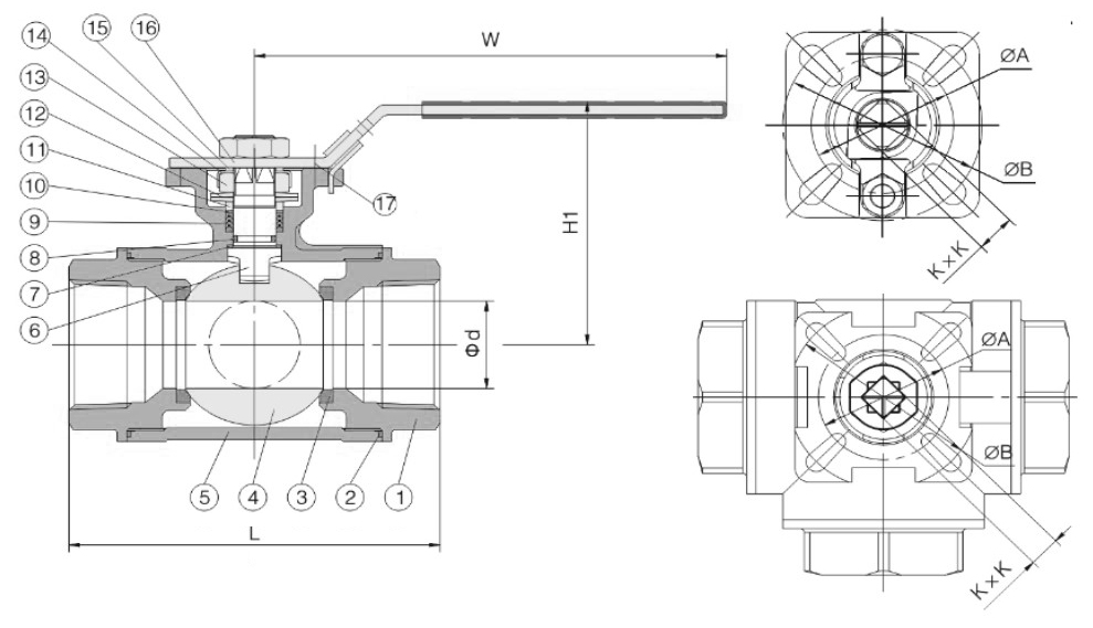 Кран шаровой NewKey NK-BTt/4 2″ Ду50 Ру40 T-тип, стандартнопроходной, трехходовой, внутренняя резьба, корпус – нержавеющая сталь AISI304 (CF8)