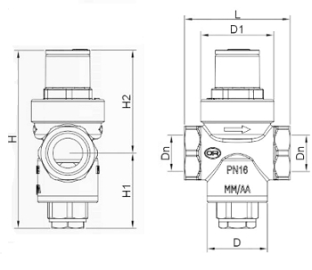Эскиз Регулятор давления бытовой OR 0232.012 3/8″ Ду10 Ру16 внутренняя резьба, никелированный, поршневой, с выходом под манометр, Рн = 1 - 5,5 бар