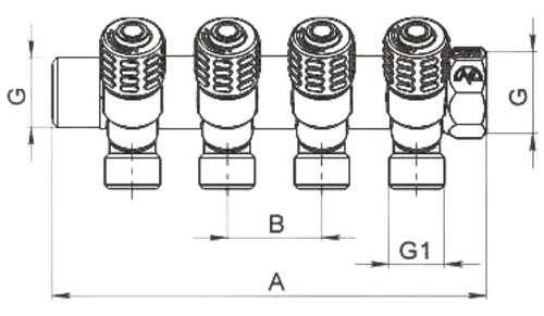 Коллектор Пензапромарматура 1″ Ду25 Ру10 2 отвода 1/2″ Ду15 ВР/НР, с регулирующими клапанами