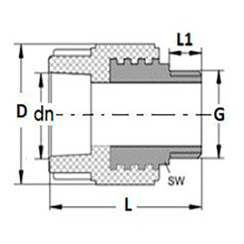 Муфта комбинированная Политэк Дн63x2″ Ру25 под приварку/с наружной резьбой под ключ, белая, корпус - полипропилен