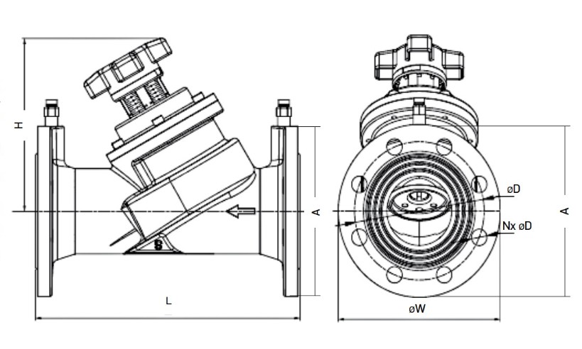 Клапан балансировочный Reon RSV55 Ду100 Ру16, ручной, тип присоединения - фланцевый, корпус - высокопрочный чугун GGG40, уплотнение - EPDM