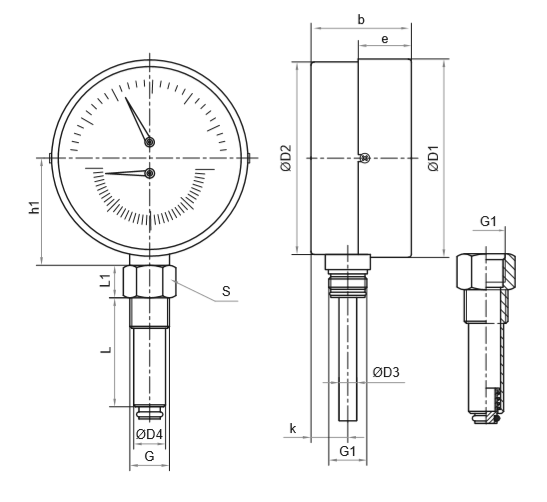 Термоманометр Росма ТМТБ-41Р.3 (0-120С) (0-0,4MПa) G1/2 2,5, корпус 100мм, тип - ТМТБ-41Р.3, длина клапана 100мм,  до 120°С, радиальное присоединение, 0-0,4MПa, резьба G1/2, класс точности 2.5