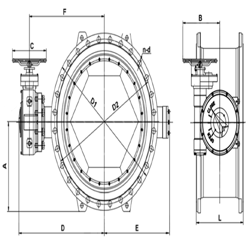 Затвор дисковый поворотный Tecofi TECWAT VP 4251-08 Ду150 Ру25 фланцевый с двойным эксцентриситетом, корпус - чугун, диск - чугун, уплотнение - EPDM, с редуктором