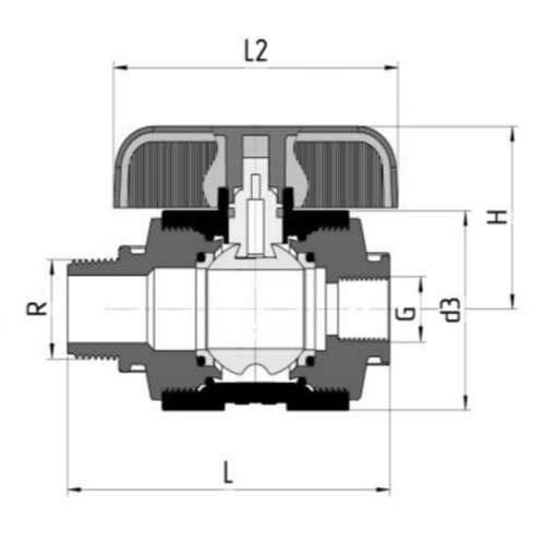 Кран шаровой Valfex компрессионный PP-R Дн20 1″x3/4″ Ру16 полнопроходной наружная-наружная резьба, корпус - полипропилен