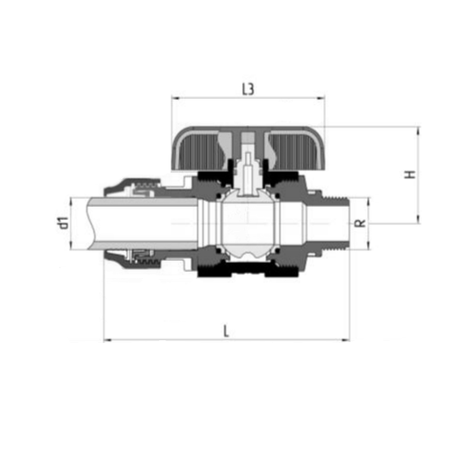 Кран шаровой Valfex компрессионный ПНД Дн32x1″ Ру16 полнопроходной цанга-наружная резьба, корпус - полипропилен