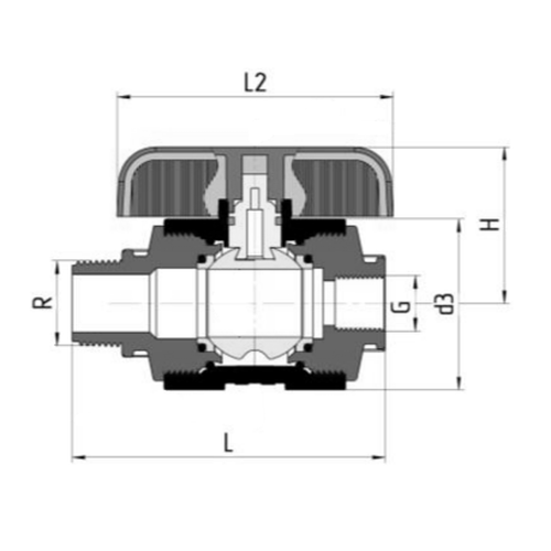 Кран шаровой Valfex компрессионный PP-R Дн46 2″x2″ Ру16 полнопроходной внутренняя-наружная резьба, корпус - полипропилен